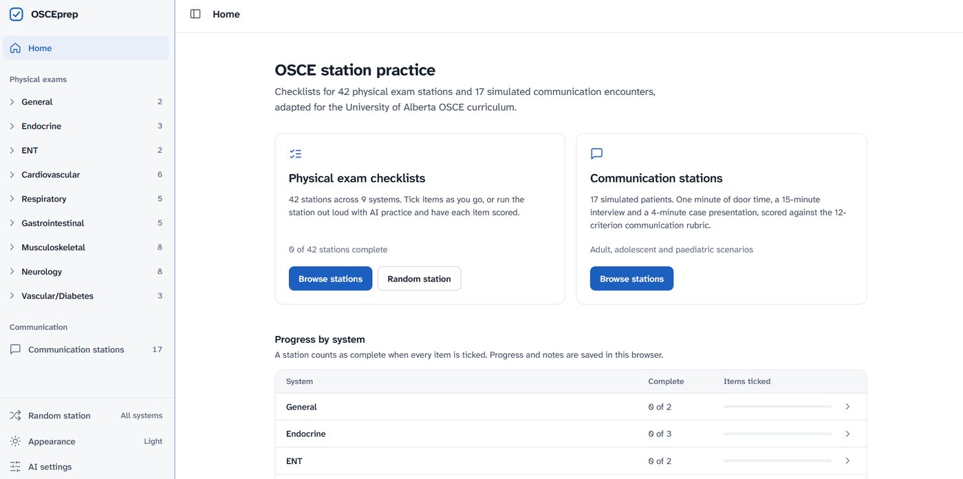 OSCE Prep home screen with physical exam checklists, communication stations and progress by body system